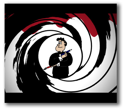Cartoon Illustration of James Bond 007 type character holding pencil & brush in 007 opening logo style surroundings